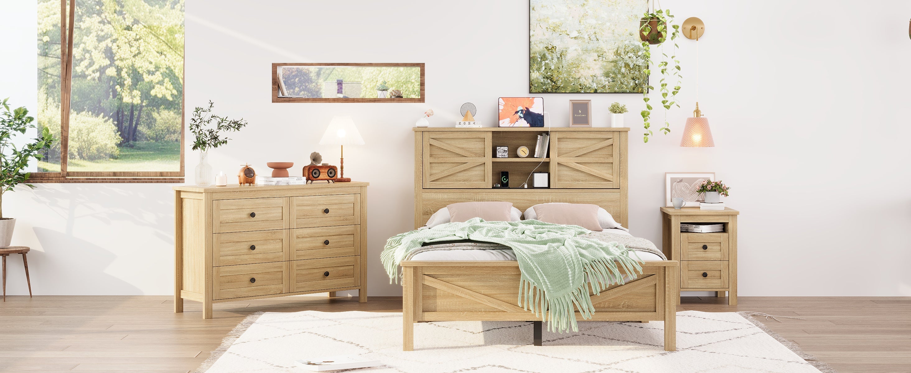3-Pieces Bedroom Sets Full Size Farmhouse Platform Bed with Double Sliding Door Storage Headboard and Charging Station, Storage Nightstand and Dresser, Natural