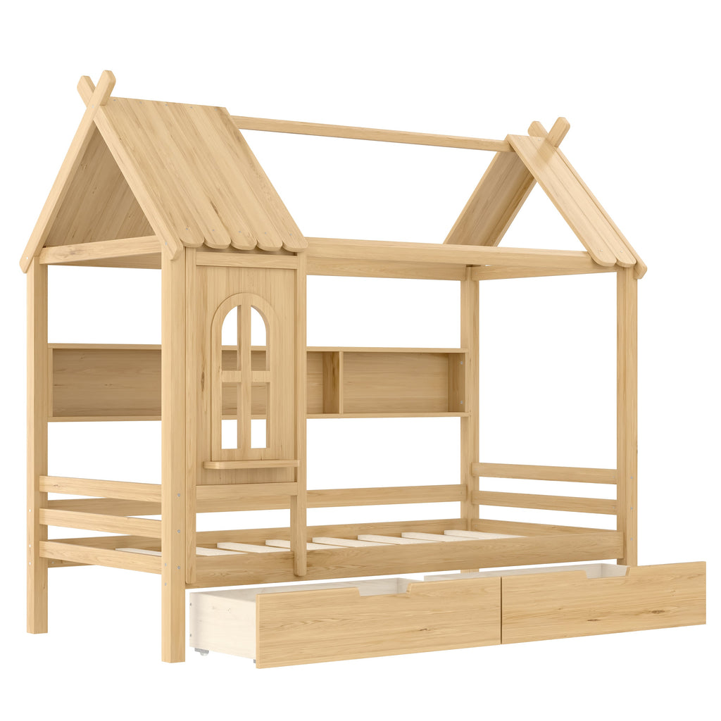 Twin house Beds with Storage Drawers and Window, Solid Wood House Platform Bed Frame with shelves, for Kids, Girls, Boys, No Spring Box Needed and Childlike Design, Natural