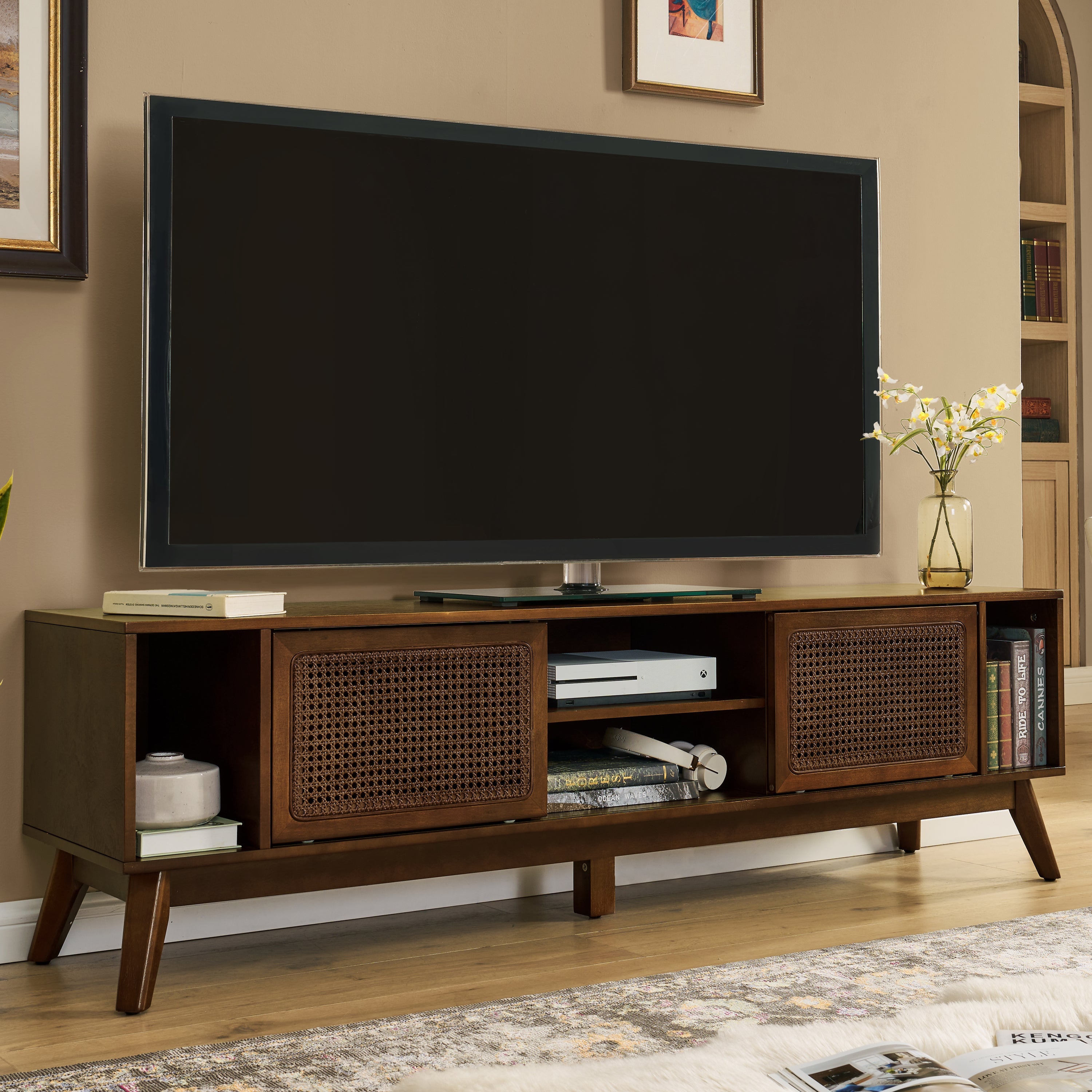 67.9 Inch Mid Century Modern Rattan TV Stand for TVs up to 75', Entertainment Cabinet, Media Console for Living Room Media Room, Solid Wood Feet & Rattan Cabinet Doors - Walnut