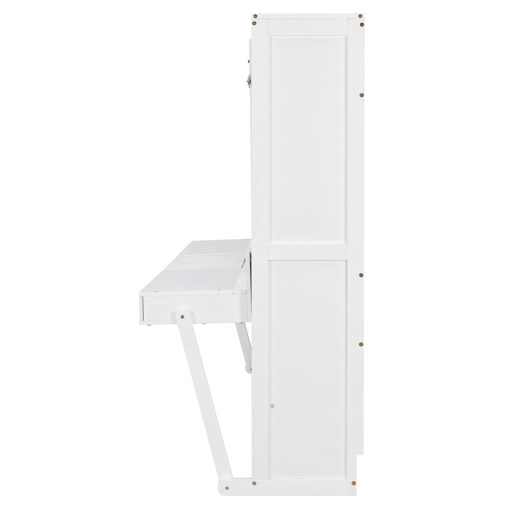 Queen Size Wall Murphy Bed with Storage, Foldable Cabinet Bed with Vanity Desk, Center Mirror & 2 Side Drawers, White