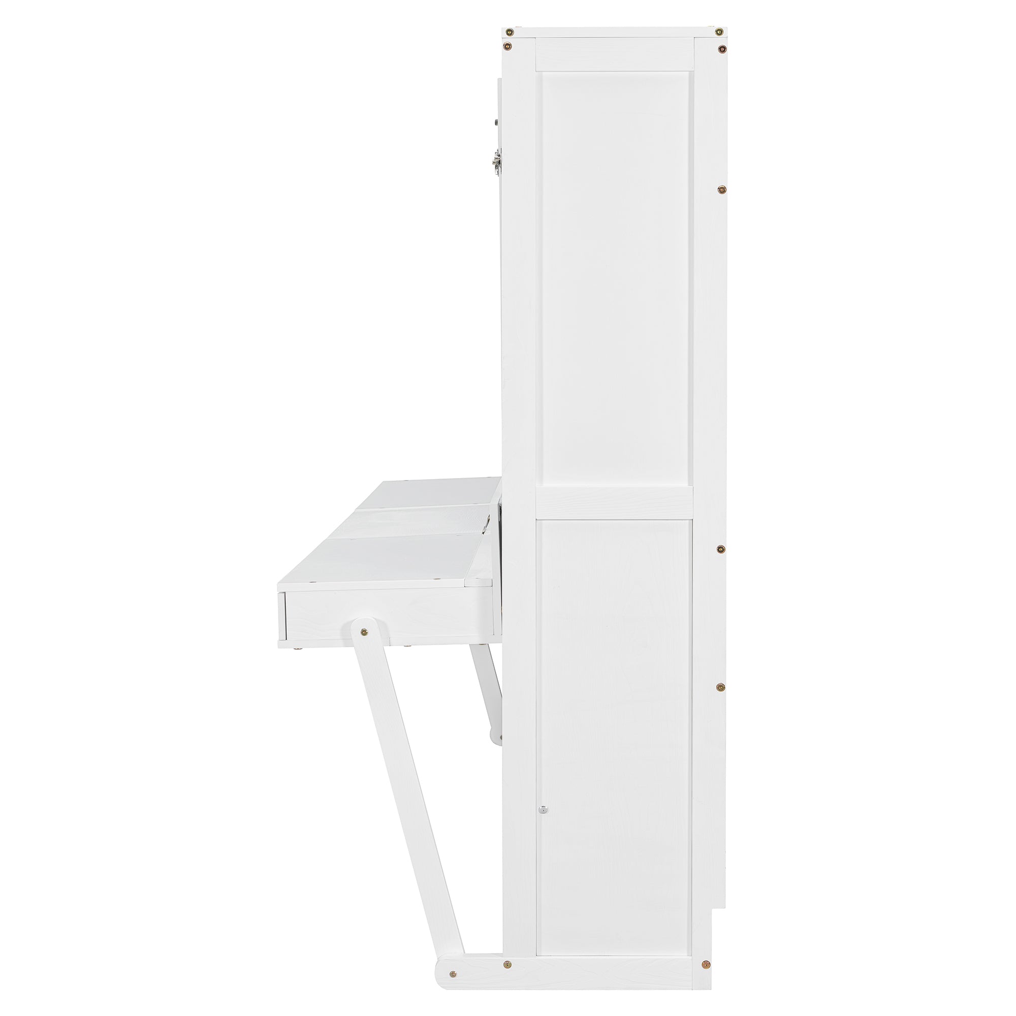 Queen Size Wall Murphy Bed with Storage, Foldable Cabinet Bed with Vanity Desk, Center Mirror & 2 Side Drawers, White