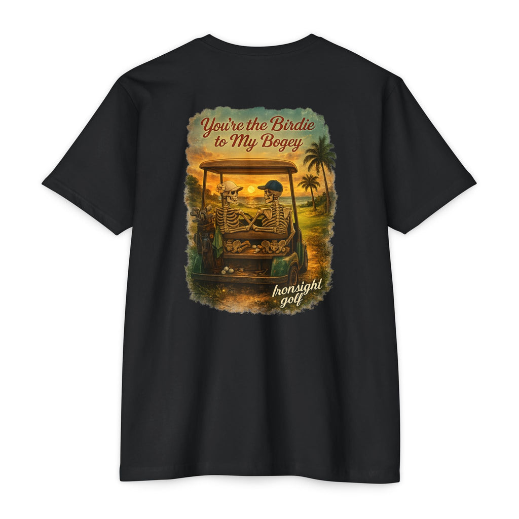 Birdie to My Bogey T-Shirt — Skeleton Couple in Golf Cart Tropical Sunset