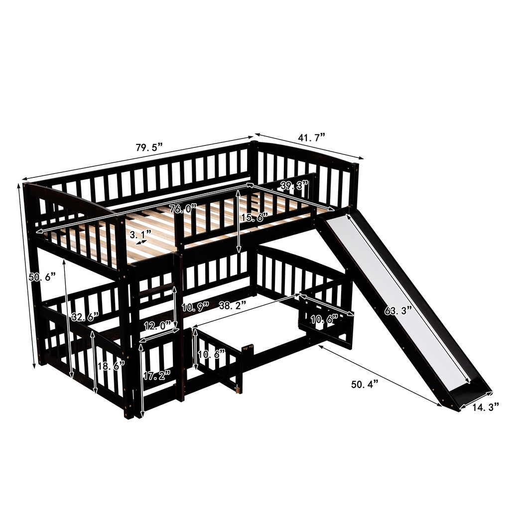 Bunk Bed with Slide,Twin Over Twin Low Bunk Bed with Fence and Ladder for Kids Teens Espresso