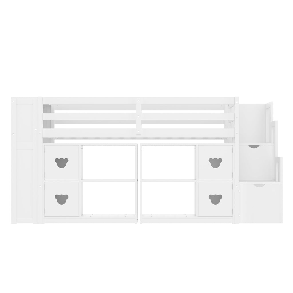 Kids Twin Loft Bed with Storage Cabinets, Staircase Drawers & LED Lights – Solid Wood Low Loft Bed with Shelves, Guardrails, and Fun Bear Handles – Space-Saving Design for Boys & Girls Bedroom (White)