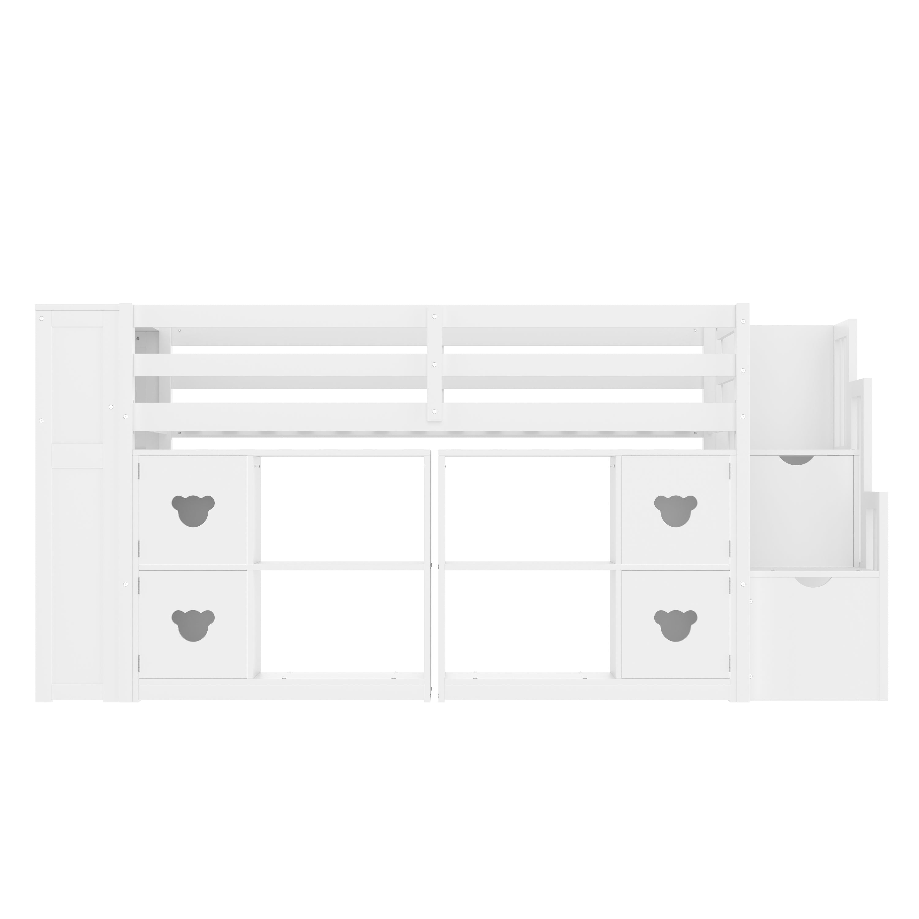 Kids Twin Loft Bed with Storage Cabinets, Staircase Drawers & LED Lights – Solid Wood Low Loft Bed with Shelves, Guardrails, and Fun Bear Handles – Space-Saving Design for Boys & Girls Bedroom (White)