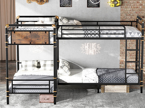 Quad Bunk Bed for 4 Kids, Heavy Duty Metal Twin Bunk Bed Frame, Detachable Triple Bunk Bed, Can Be Divided Into 3 Twin Beds, Black (Old SKU W2580S00015)