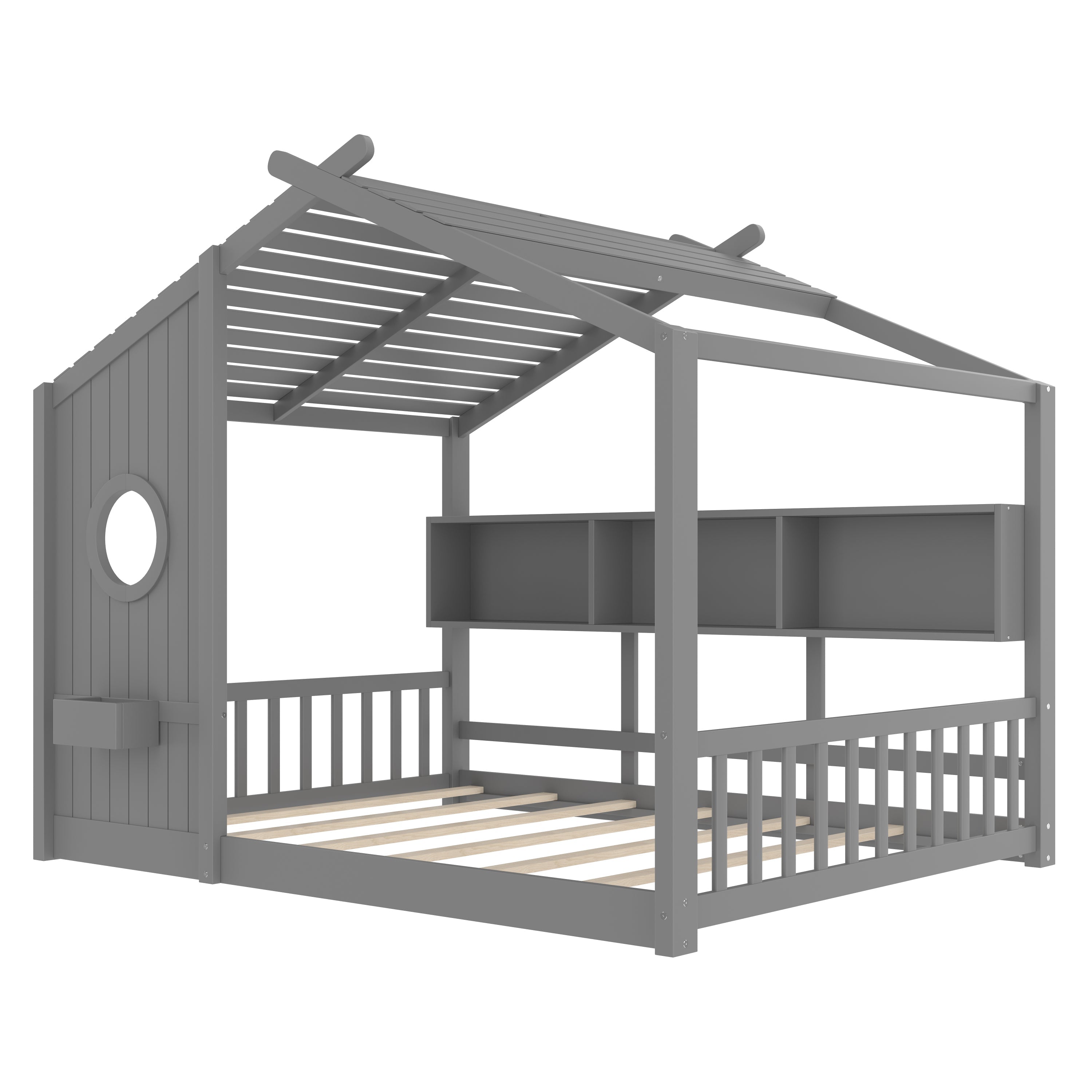 Full Size Floor House Bed for Toddler, Kids Montessori Bed  with Storage Shelf, Playhouse Bed with Roof Design, Gray