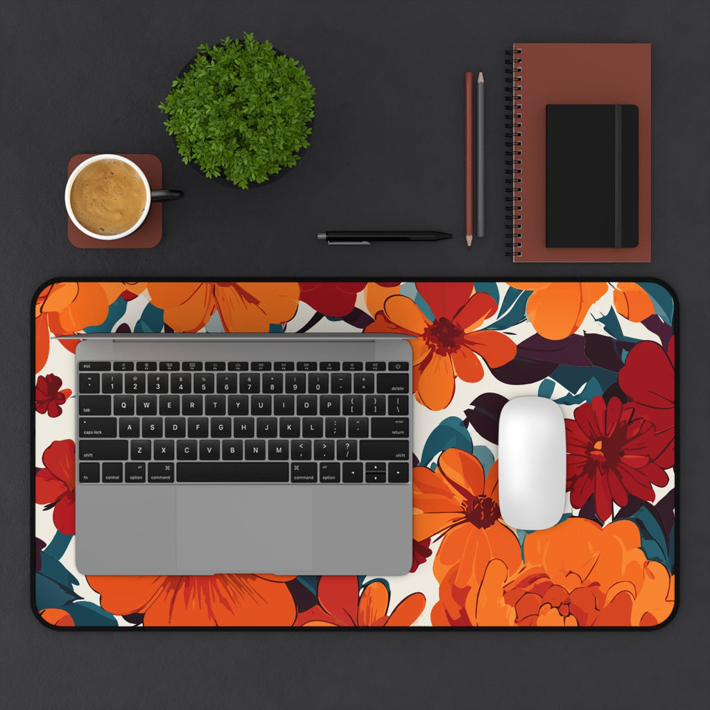 Vibrant Orange Floral Desk Mat | Retro Bloom Mouse Pad for Aesthetic Workspaces