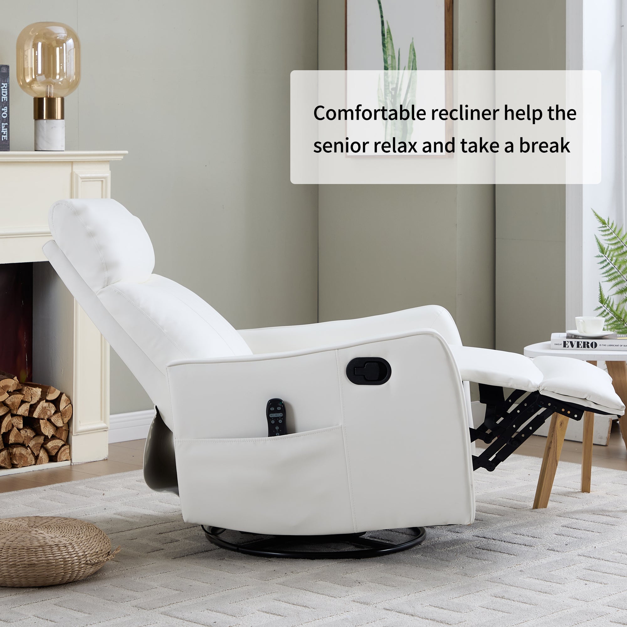 White Heat Massage Manual Recliner Chair with Rocker and Swivel in Faux Leather for Living Room