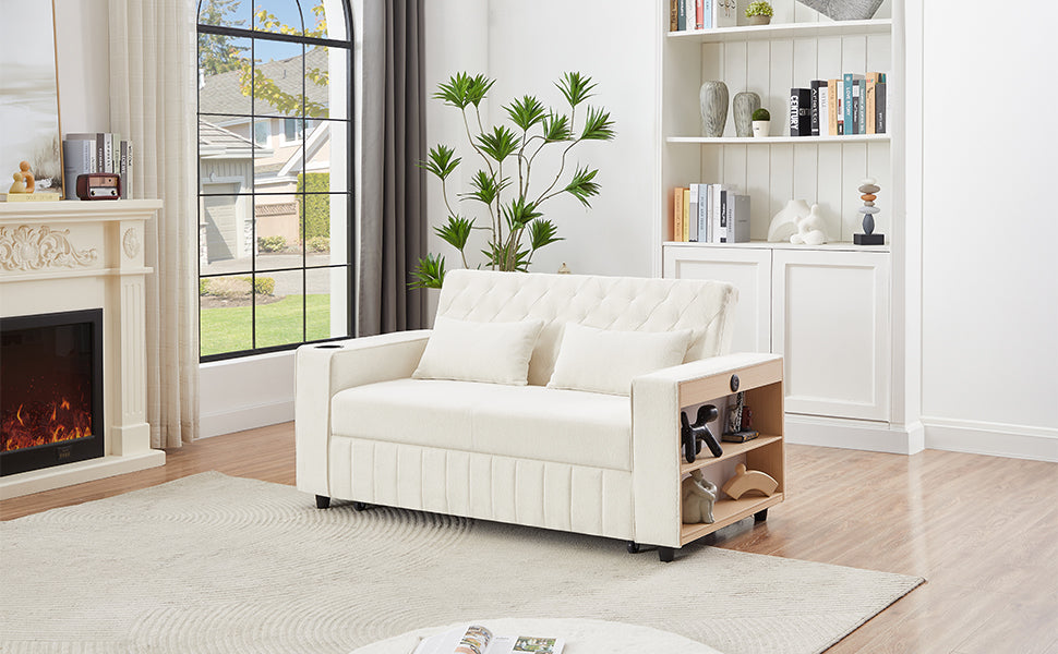 61.4' Pull-out Sofa Bed Convertible Couch Loveseat Sofa Modern Sleeper Sofa with Adjustable Backrest for Living Room, Beige
