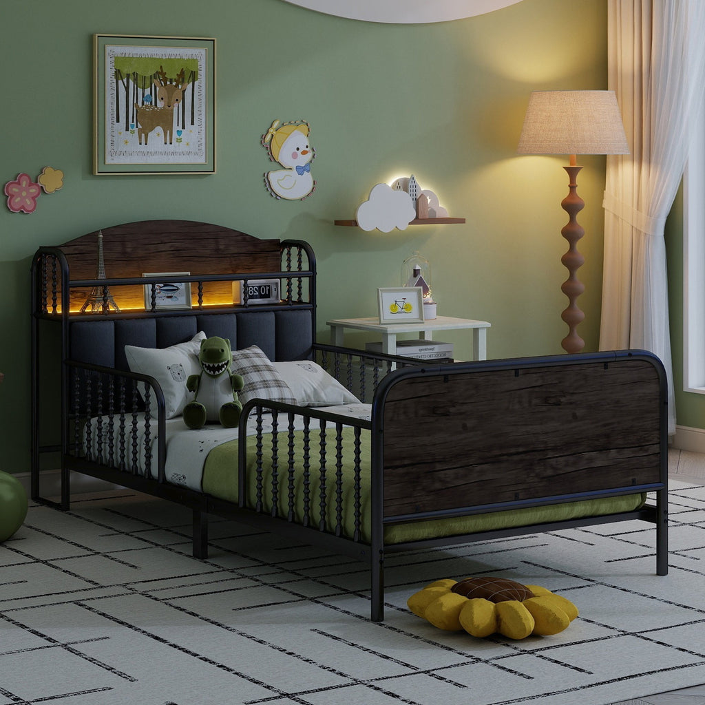 Twin Size Metal Platform Bed Frame with Light, Kids Twin Metal Bed with Upholstered and Storage Headboard, Black (Expect Arrival Date 2025/10/5)