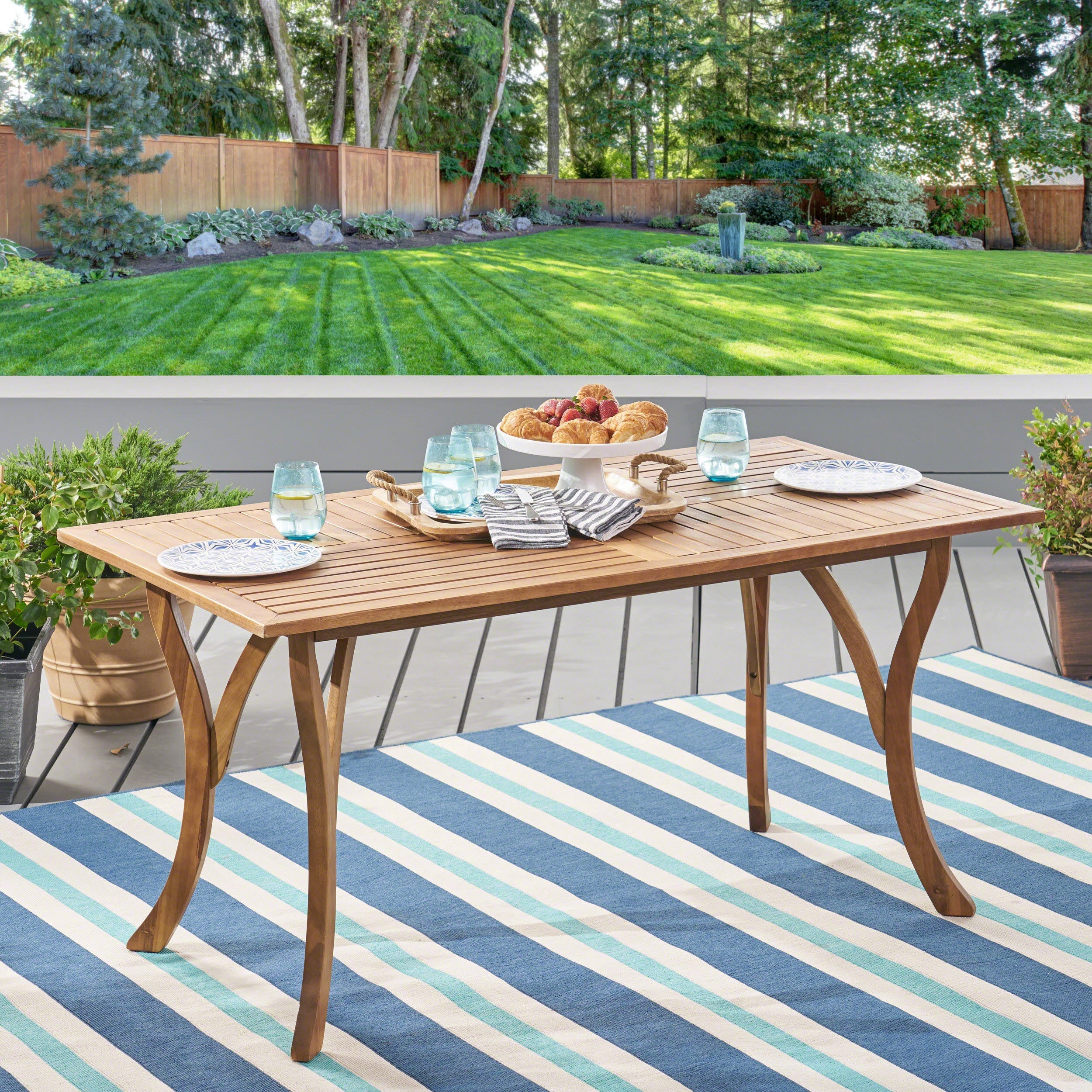 Outdoor Rectangular Table with Curved Legs and Perpendicular Wooden Slats Table Top, Teak