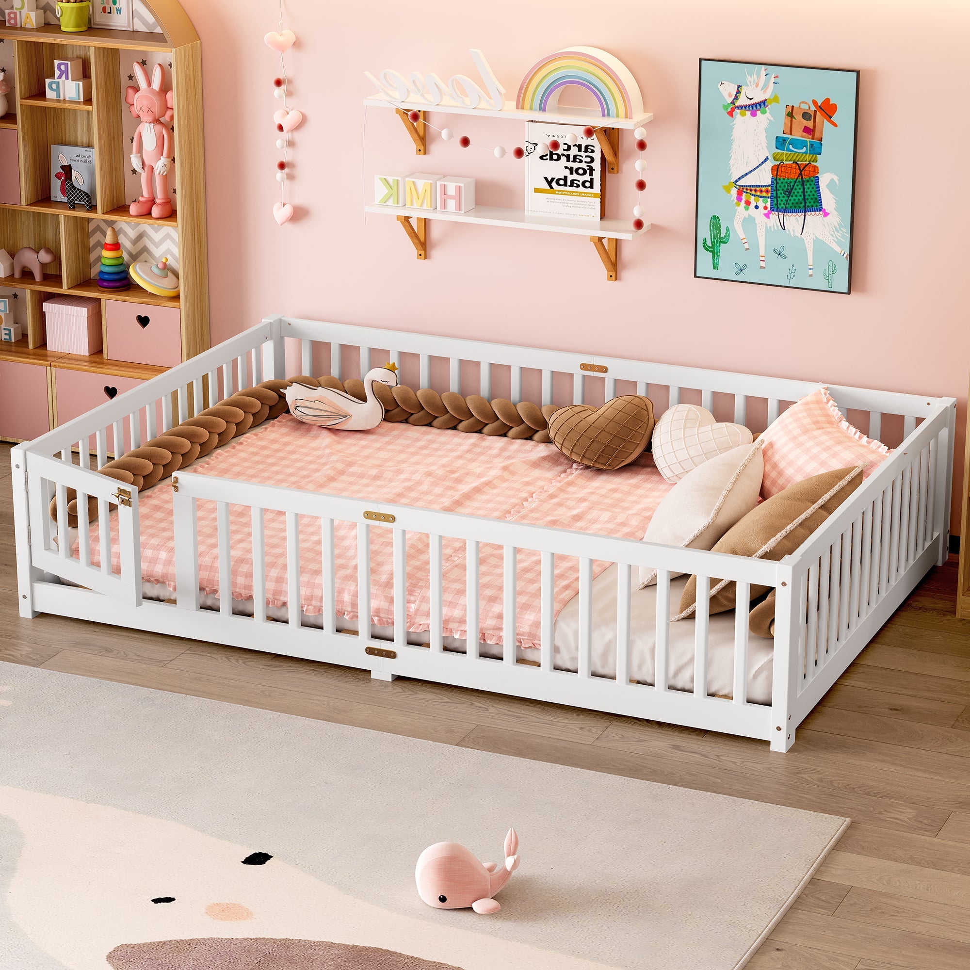 Queen Size Bed Floor Bed with Safety Guardrails and Door for Kids, White(Old SKU:  W1580P154628 )