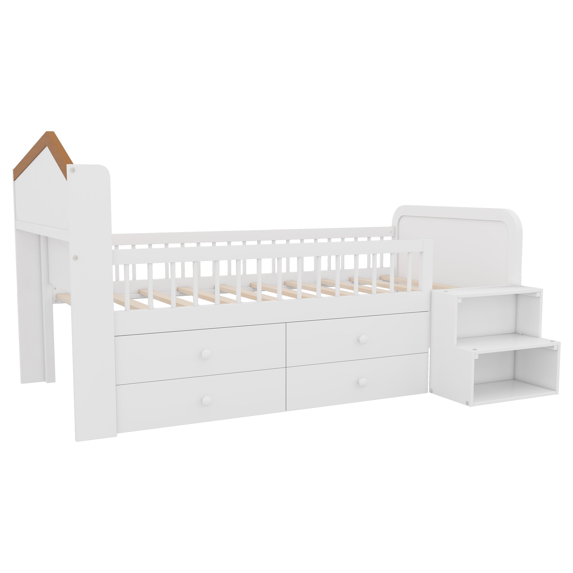 Low Loft Bed with LED Lights, Wooden Twin Loft Bed with House Shape Headboard, Kids Loft Bed with Storage Drawers, White (Expect Arrival Date 2025/1/20)