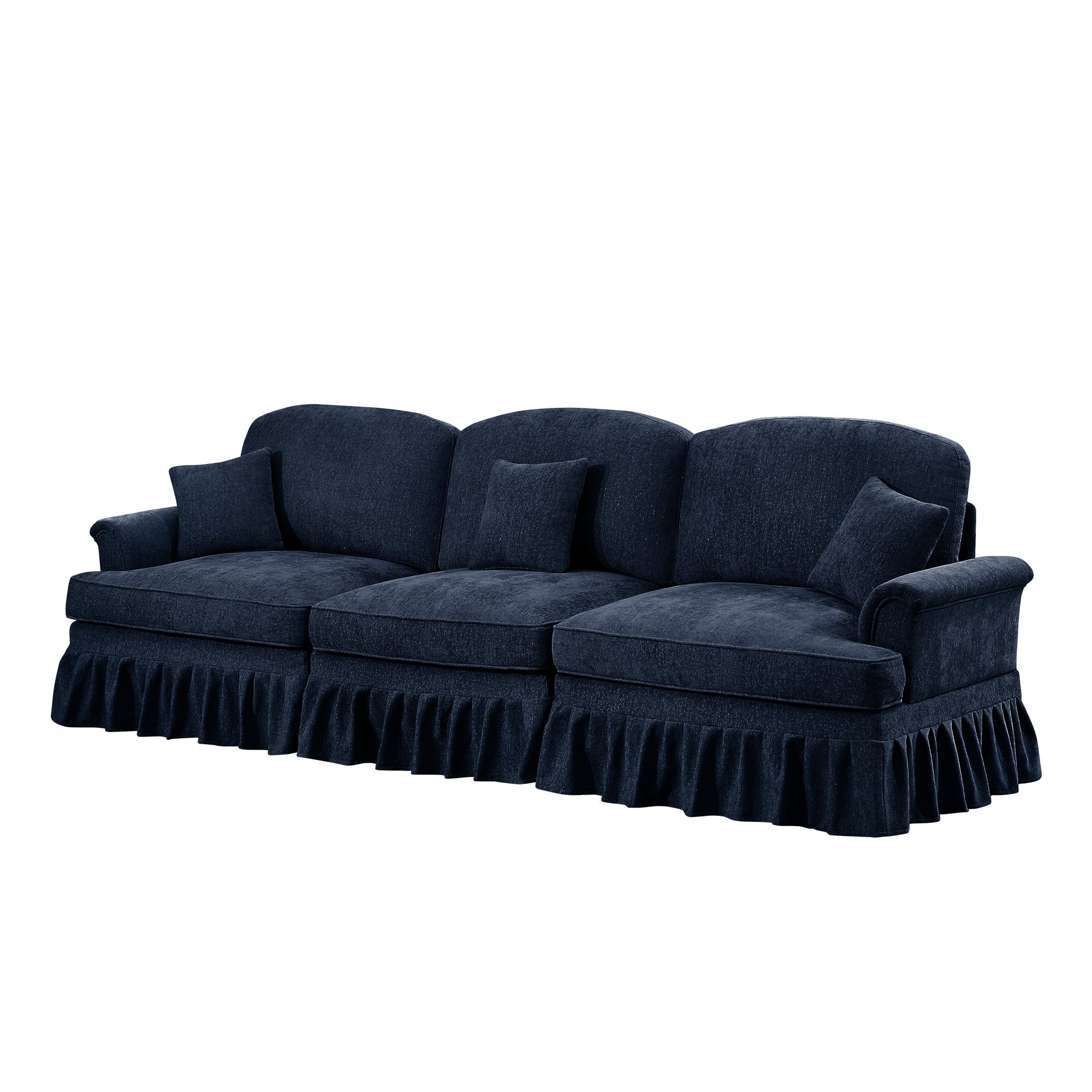Elegant Mid Century Large 3 Seater Sofa Couch with Flared Arms and Removable Ruffles Pleats Skirts and Spindle Legs, Comfy Chenille Three-Seat Sofa for Living Room, Blue