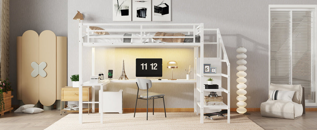 Twin XL Size Loft Bed with L-shaped Desk and USB, Metal Loft Bed with Wardrobe and Adjustable Shelf, High Loft Bed with LED for Kids Teens Adults, White