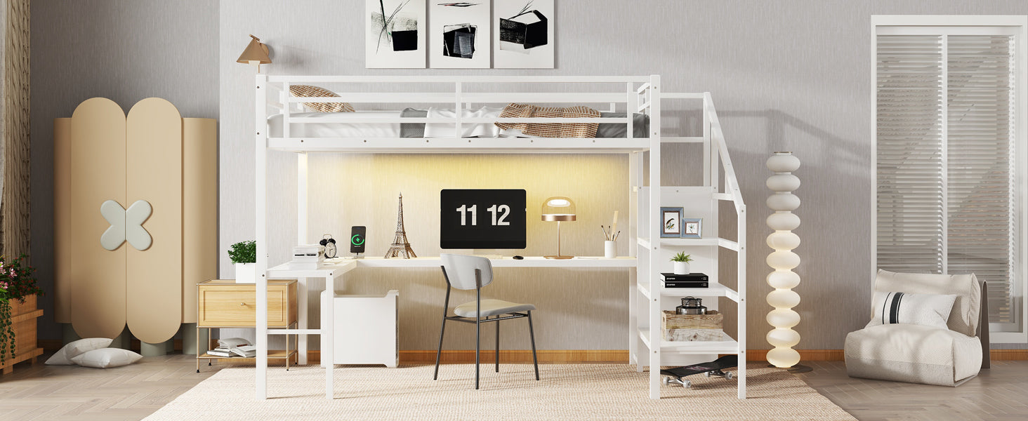 Twin XL Size Loft Bed with L-shaped Desk and USB, Metal Loft Bed with Wardrobe and Adjustable Shelf, High Loft Bed with LED for Kids Teens Adults, White