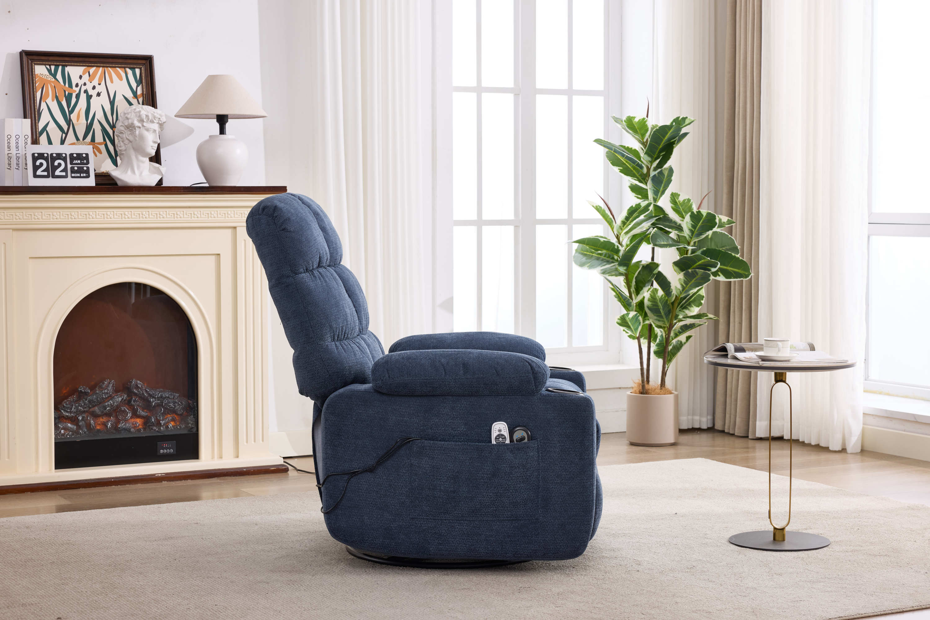 Heat Massage Manual Recliner Chair with Rocker and Swivel in Fabric for Living Room, Blue