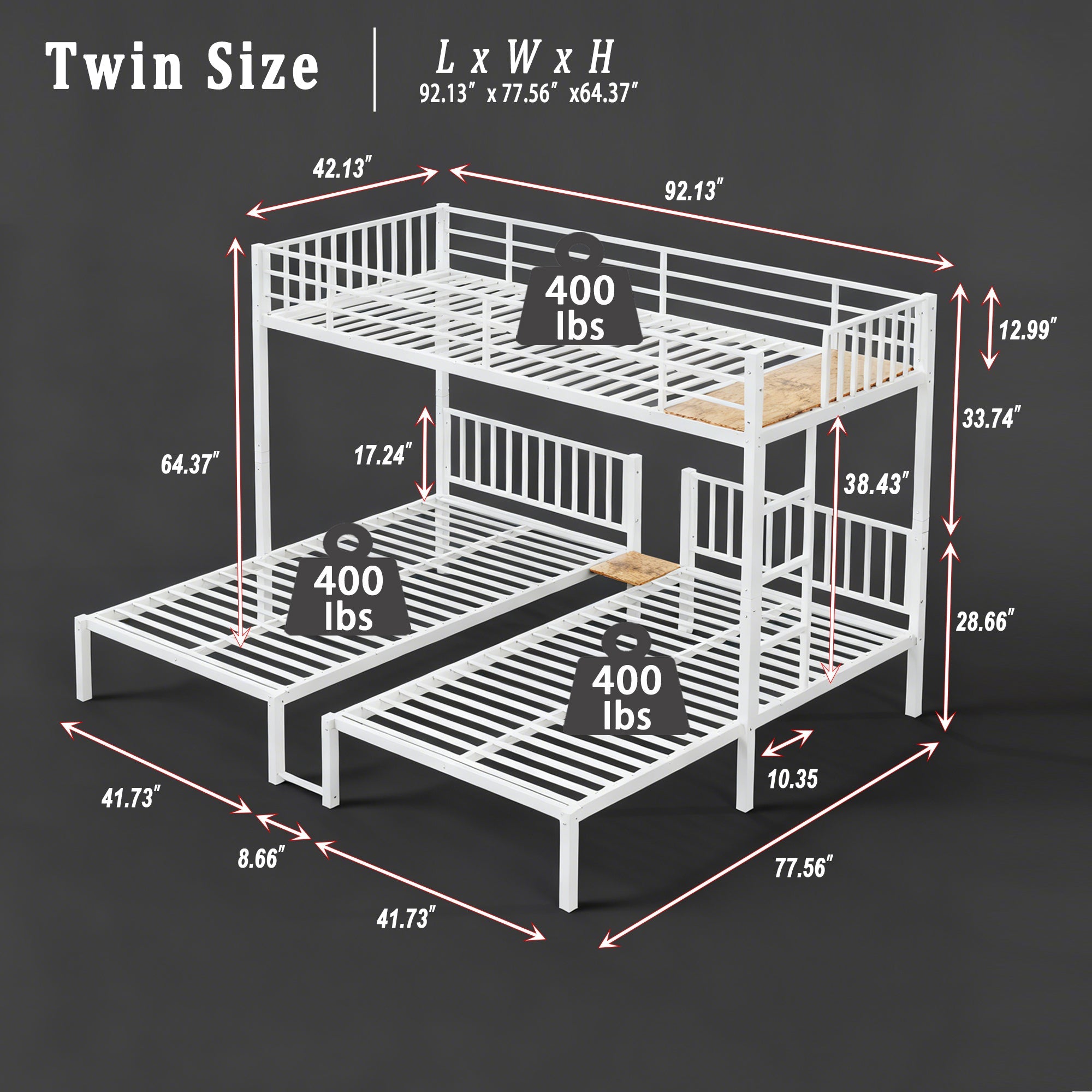 Triple Bunk Bed for Kids,3 Bed Bunk Beds for 3,Metal Triple Bunk Beds,Separates Into 3 Twin Beds,Noise Reduced Structure,White