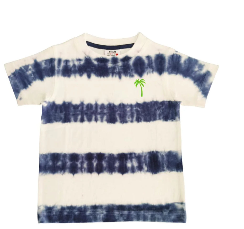 MISH - Kids Tie Dye Short Sleeve Tee, Navy Stripe Palm