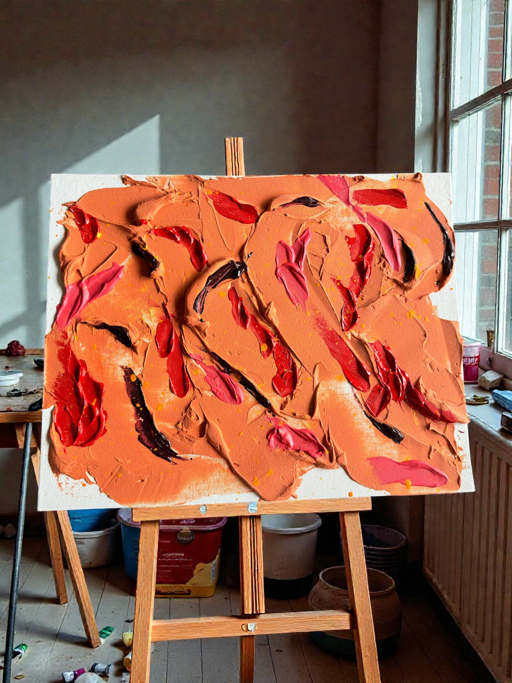 Orange Red Plaster Painting 9x11 - Textured Original