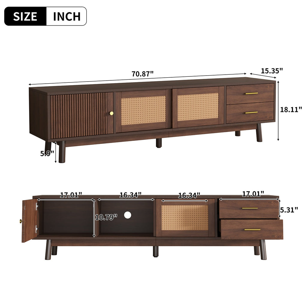 Mid Century Modern TV Stand for 80' TVs, Entertainment Center with Sliding Doors and Drawers, TV Table with Storage for Living Room, Bedroom