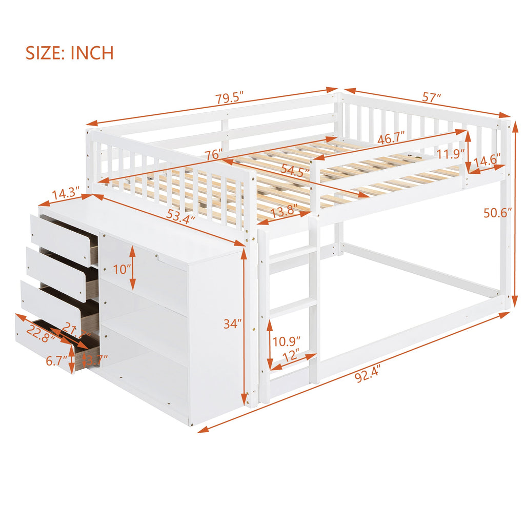 Elegant White Full Over Full Bunk Bed with Storage and Shelves - Solid Wood and Durable Design