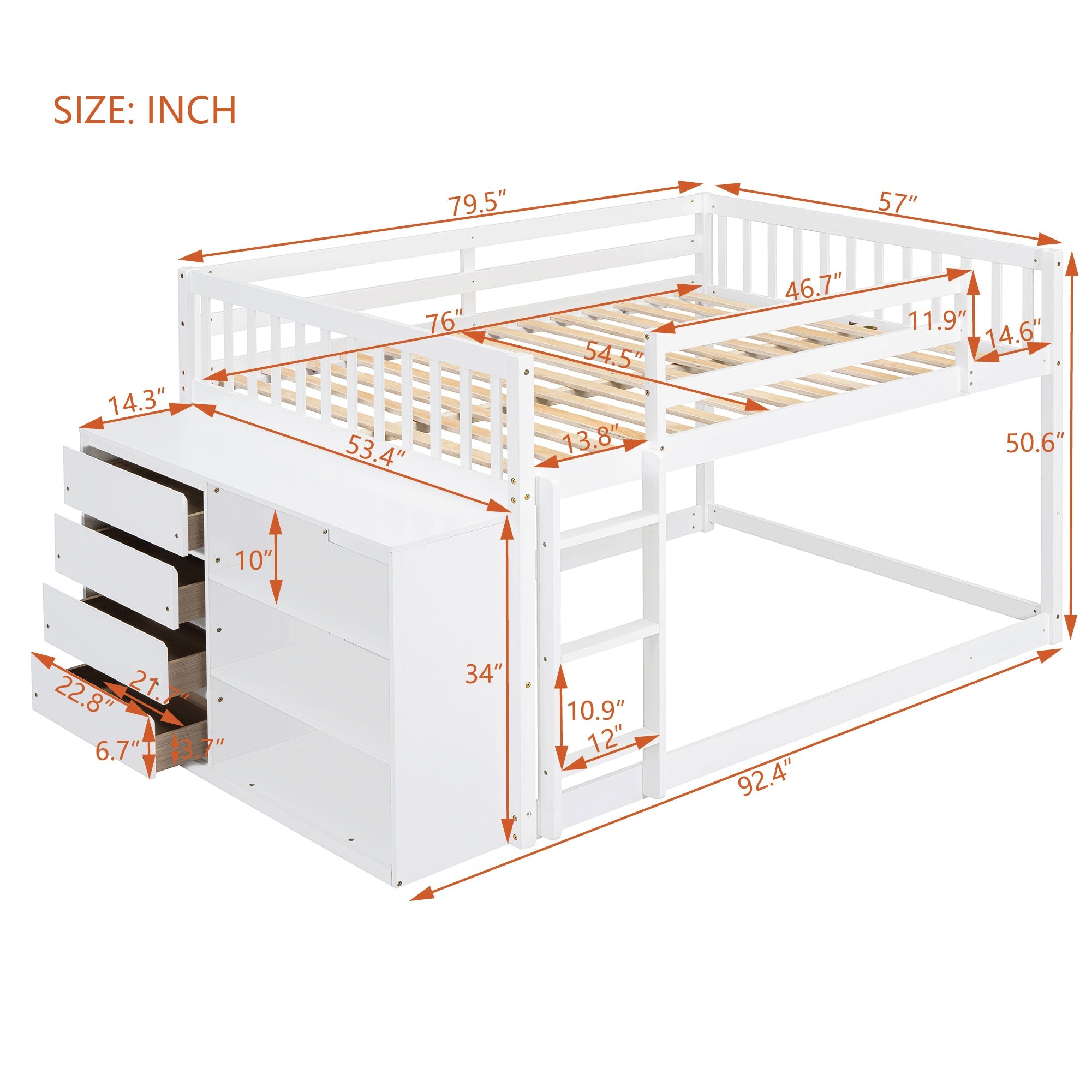 Elegant White Full Over Full Bunk Bed with Storage and Shelves - Solid Wood and Durable Design