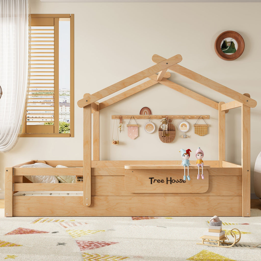 Twin Size Floor Bed with Guardrails and Roof, Kids House Floor Bed with a Small Built-in Tray and Free-installed Signboard, Childlike Design, Natural