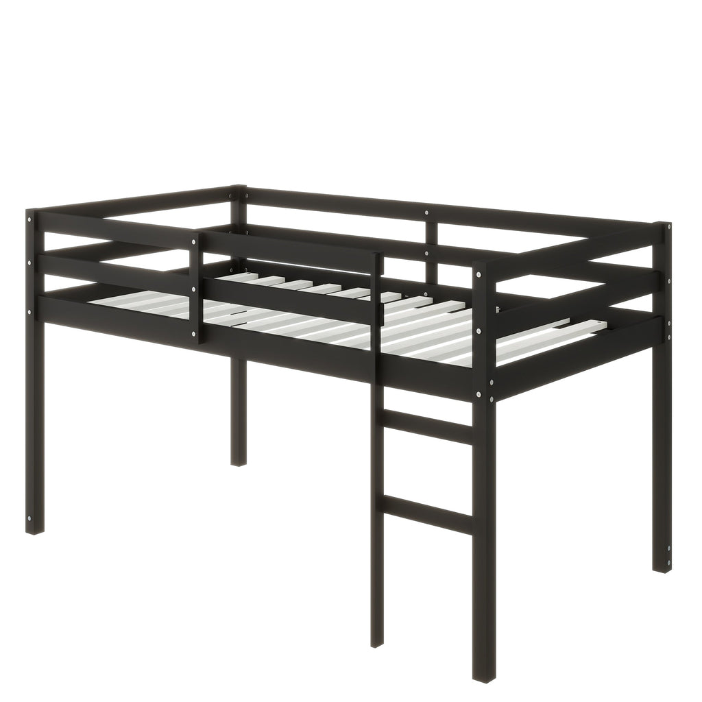 Solid Wooden, Rubber Wooden Twin Loft Bed with Ladder, Bed Platform of Strengthened Slats , Black