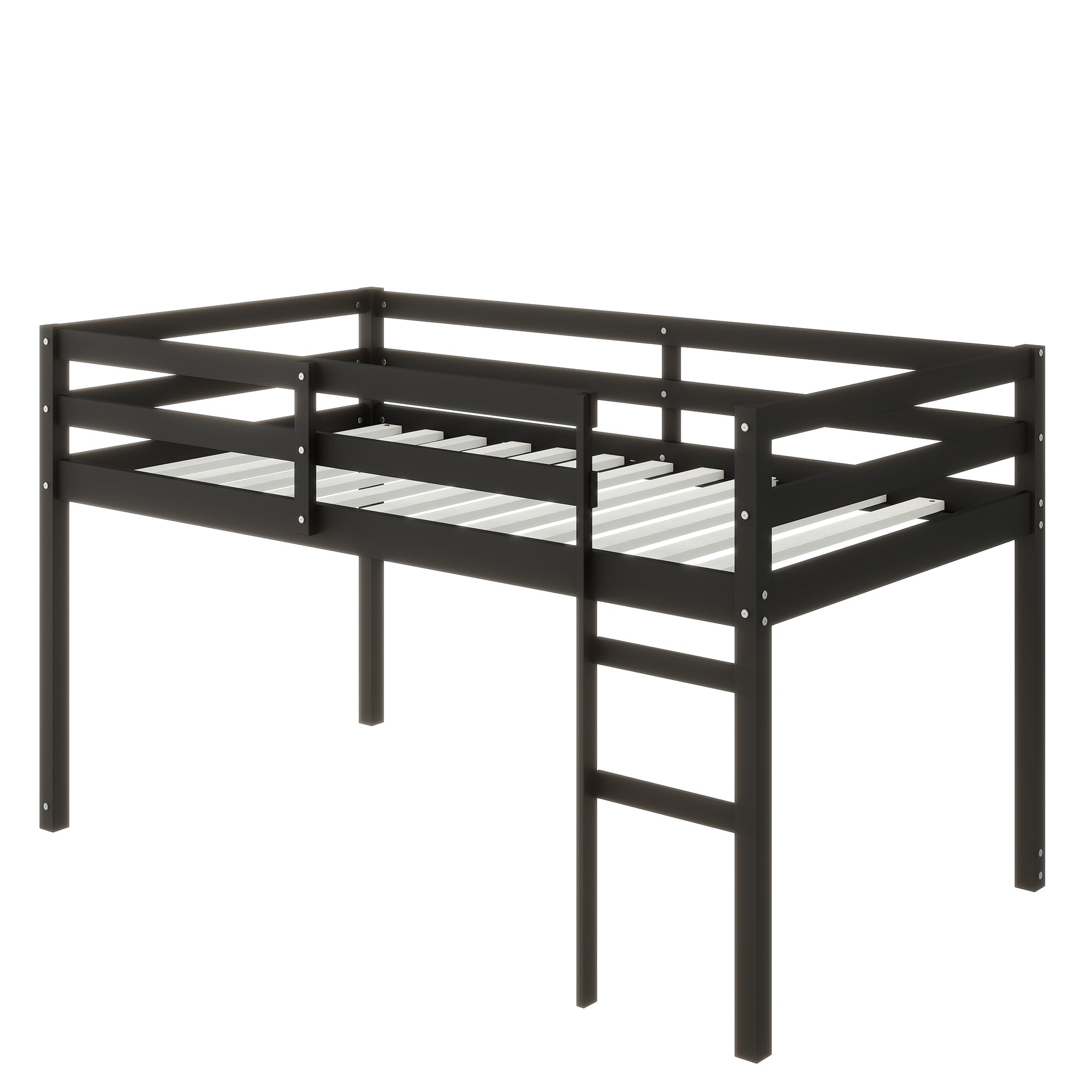 Solid Wooden, Rubber Wooden Twin Loft Bed with Ladder, Bed Platform of Strengthened Slats , Black