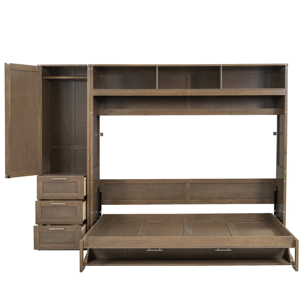 Full Size Murphy Bed with Wardrobe, Drawers and Open Shelves, Antique Wood