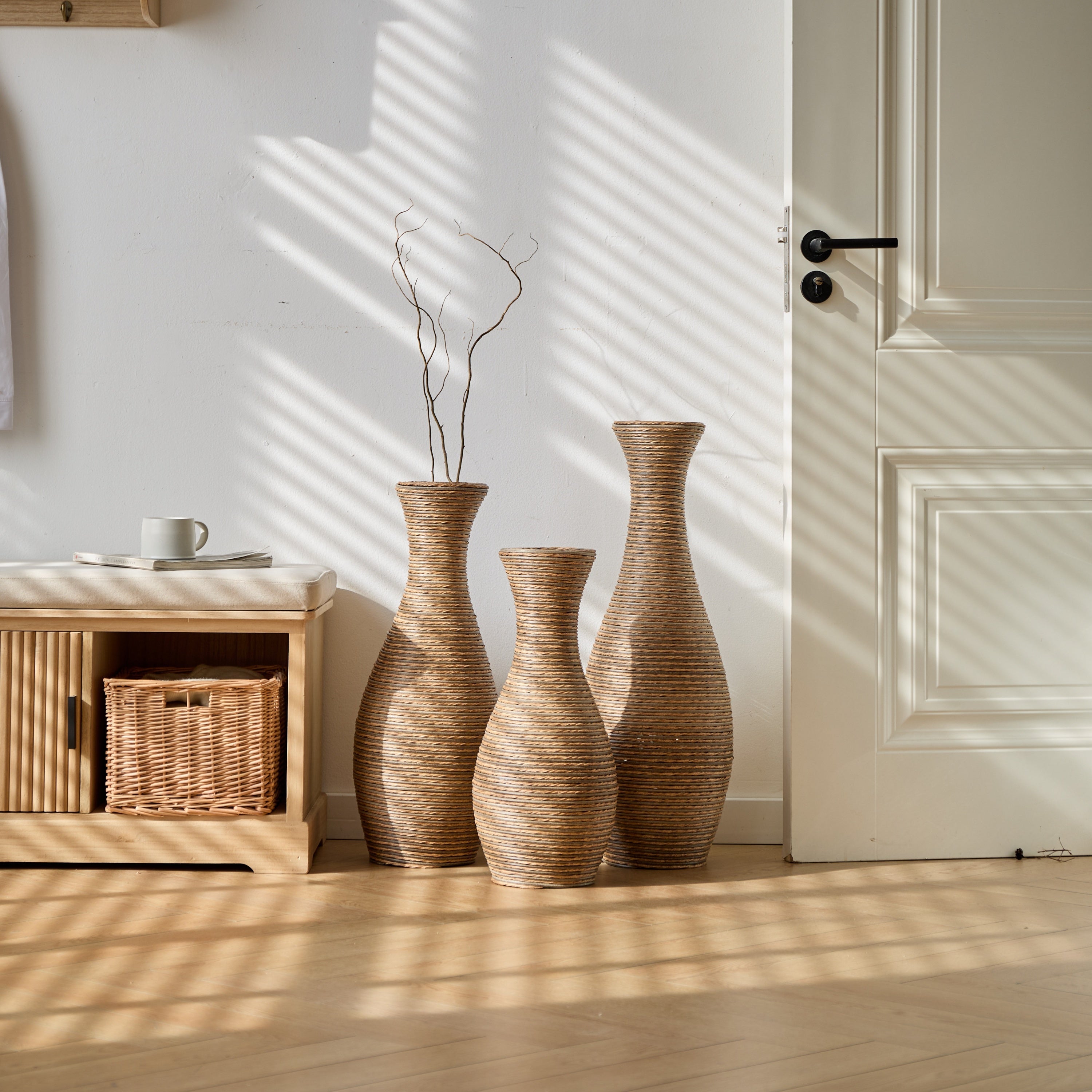 3-Piece Artificial Rattan Floor Vase Set – Decorative Accent for Living Room, Hallway & Entryway, Ideal for Dried or Silk Flower Arrangements, Beige