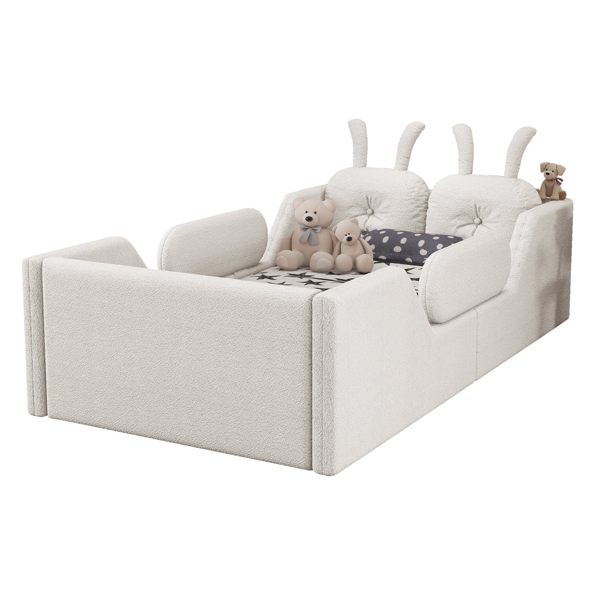 Twin Size Upholstered Platform Bed with Rabbit Cushion, Kids Floor Upholstered Bed with Removable Side Rails, White(Expect Arrival Date 2025/1/15)