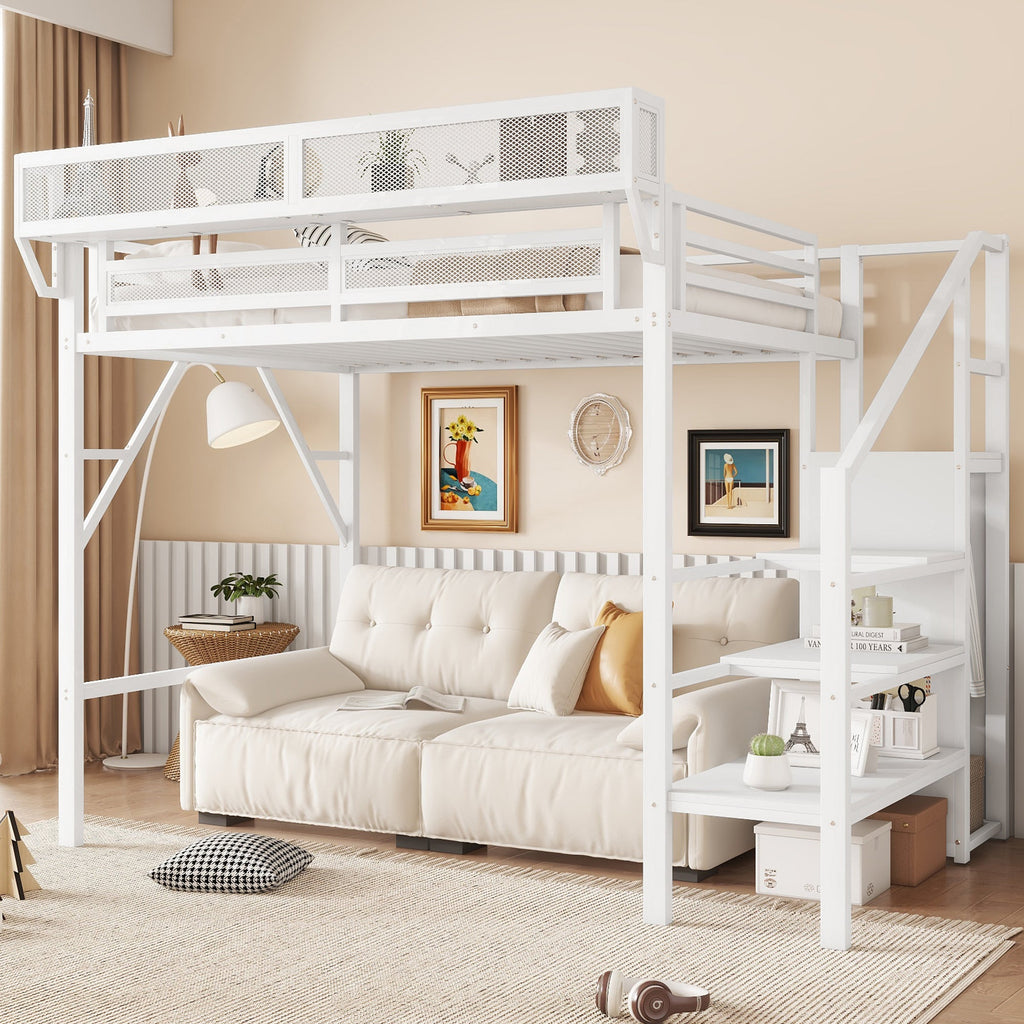 Twin Size Loft Bed with Stairs, Metal Full Loft Bed with Storage Shelves, High Loft Bed with Wardrobe for Kids Teens,White(Expect Arrival Date 2025/9/22)
