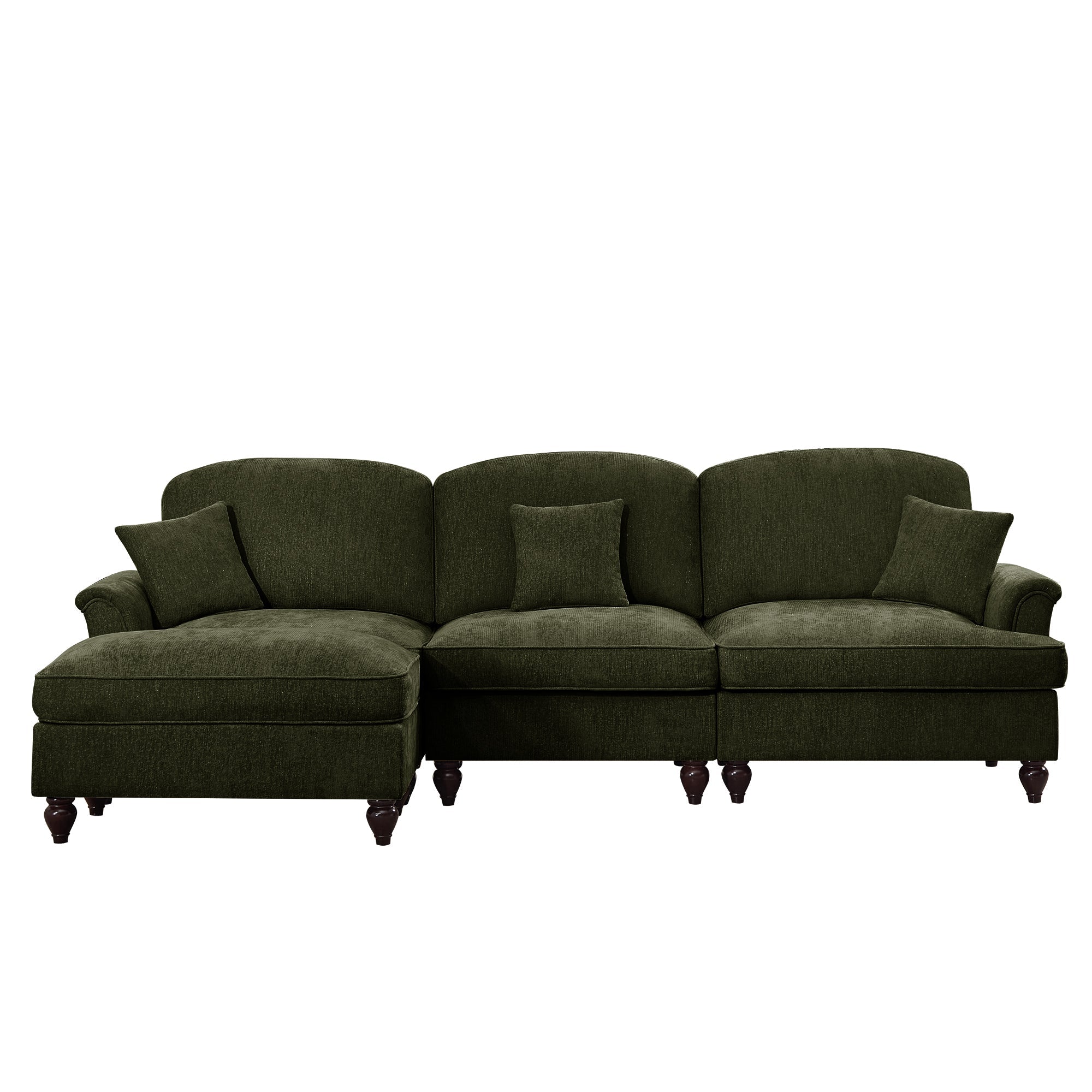 Mid Century Three Seater Modular L Shaped Sectional Couch with Flared Arms and Removable Ruffles Pleats Skirts and Spindle Legs, Comfy Chenille 3-Seat Deep Seat Sofa with Movable Ottoman,Green
