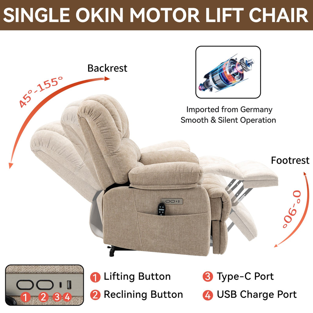 23' Seat Width and High Back Large Size Beige Chenille Power Lift Recliner Chair with 8-Point Vibration Massage and Lumbar Heating