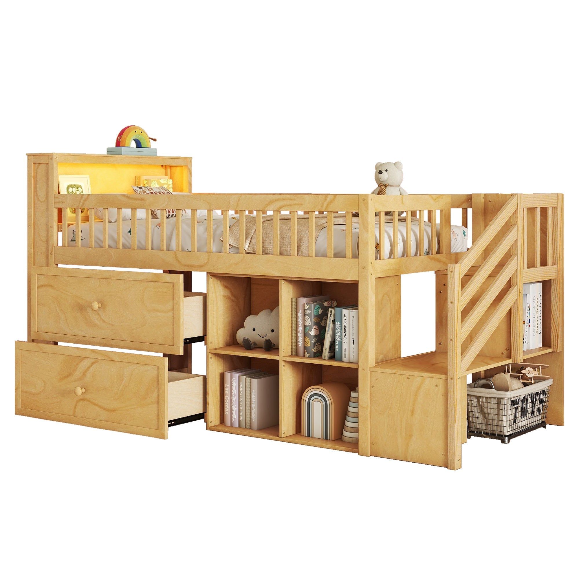 Twin Size Loft Bed with LED and Bookshelf, Wood Low Loft Bed with Stairs, Kids Twin Loft Bed with Storage Drawers and Shelves, Natural (Expect Arrival Date 2025/1/20)