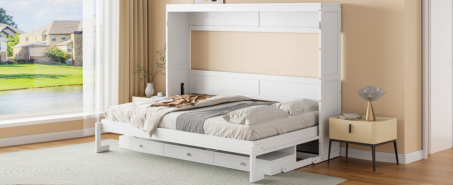 Queen Size Wall Murphy Bed with Storage, Foldable Cabinet Bed with Vanity Desk, Center Mirror & 2 Side Drawers, White