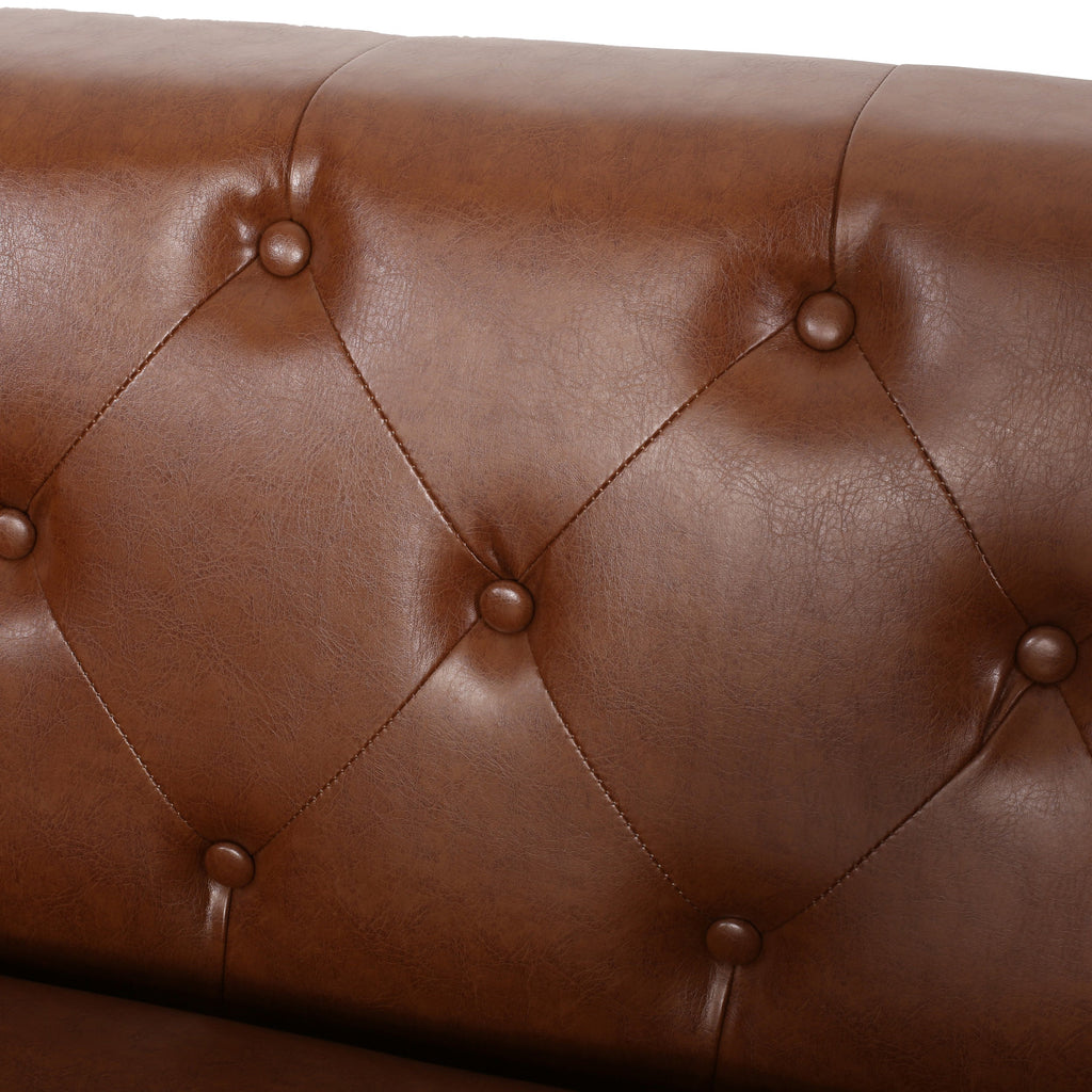 Contemporary 3-Seater Sofa with Tufted Design in Light Brown PU and Wood Accents