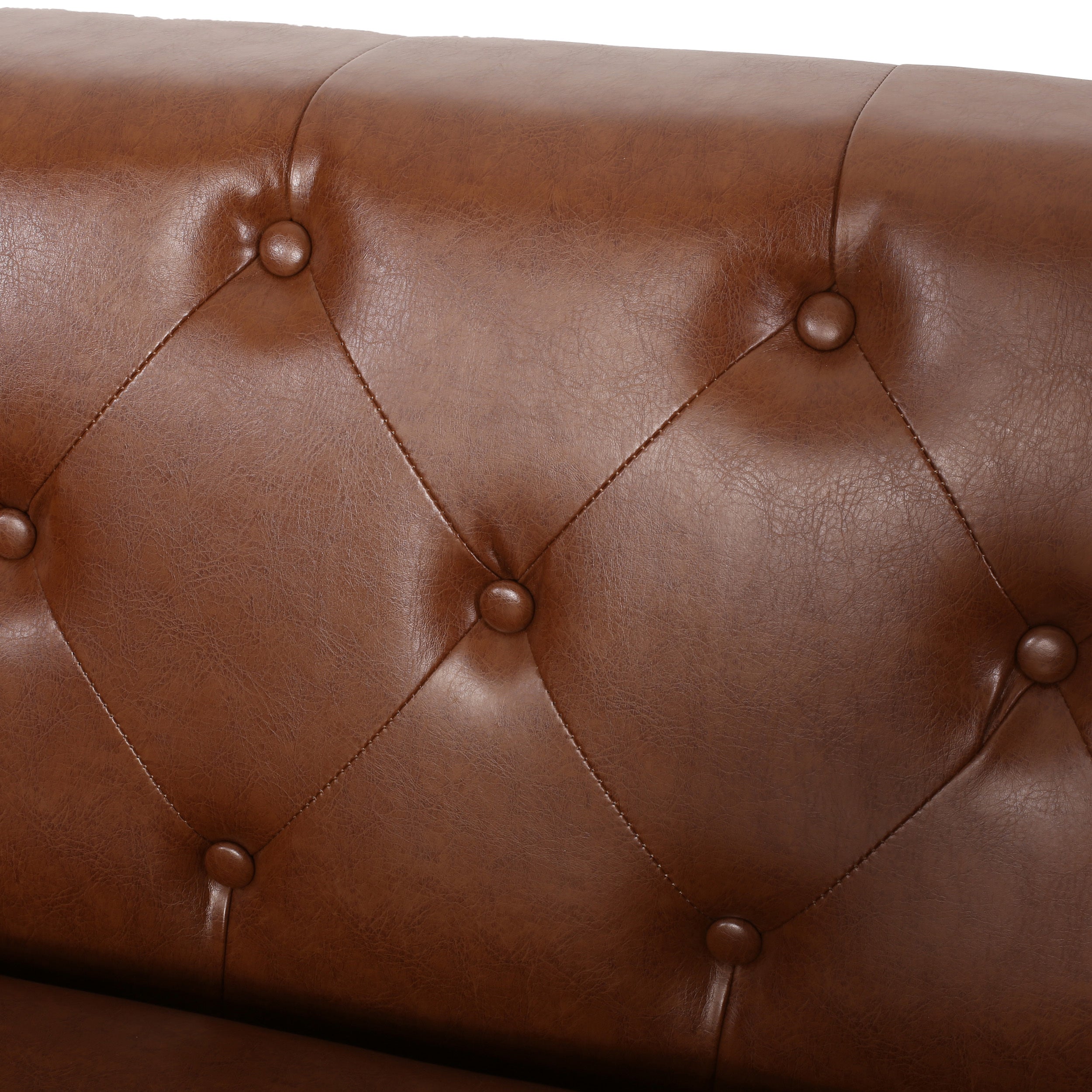 Contemporary 3-Seater Sofa with Tufted Design in Light Brown PU and Wood Accents