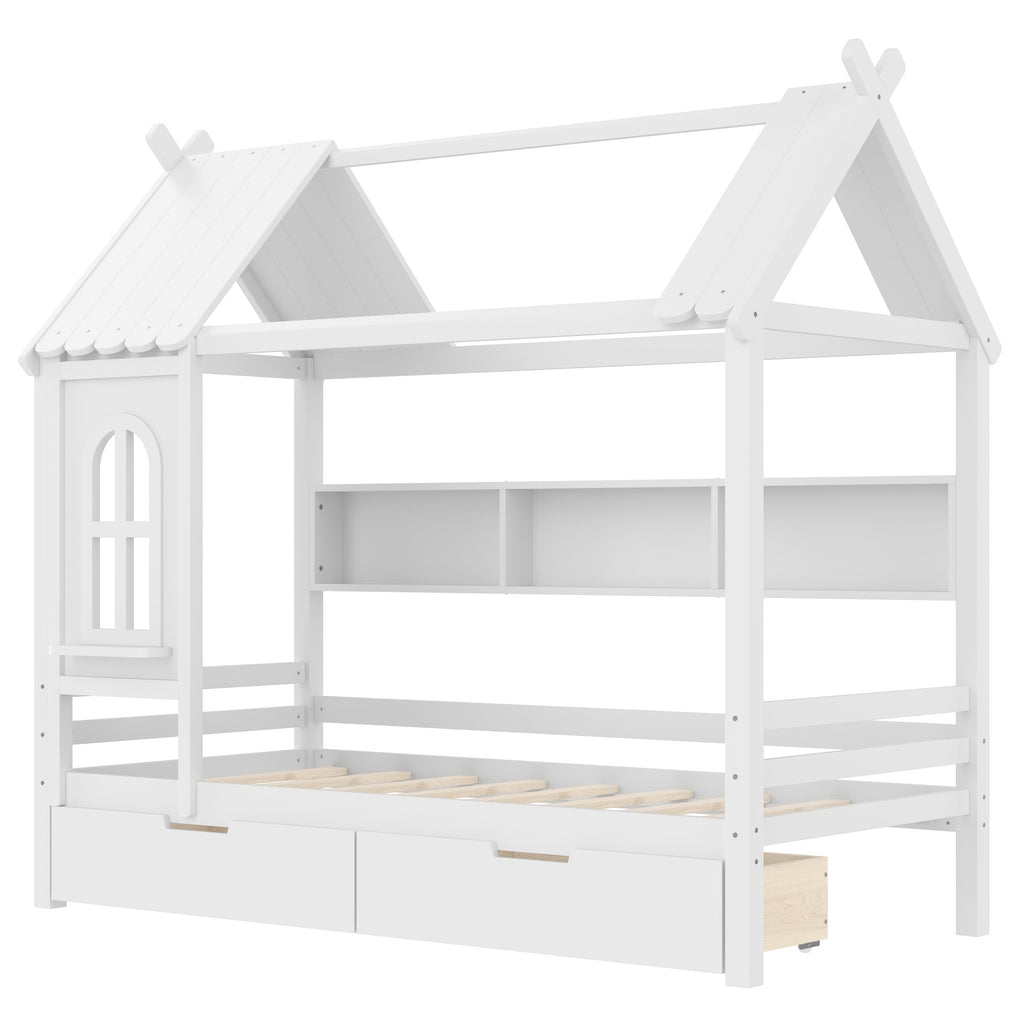 Twin house Beds with Storage Drawers and Window, Solid Wood House Platform Bed Frame with shelves, for Kids, Girls, Boys, No Spring Box Needed and Childlike Design, White