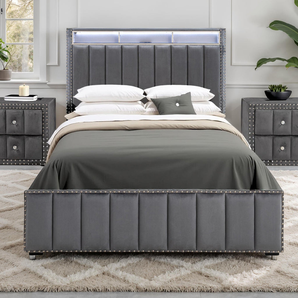 Contemporary 3pc Bedroom Set Full Size Bed 2x Nightstands Bedroom Furniture Dark Gray Fabric Upholstered Bedframe w LED Nailhead Trim