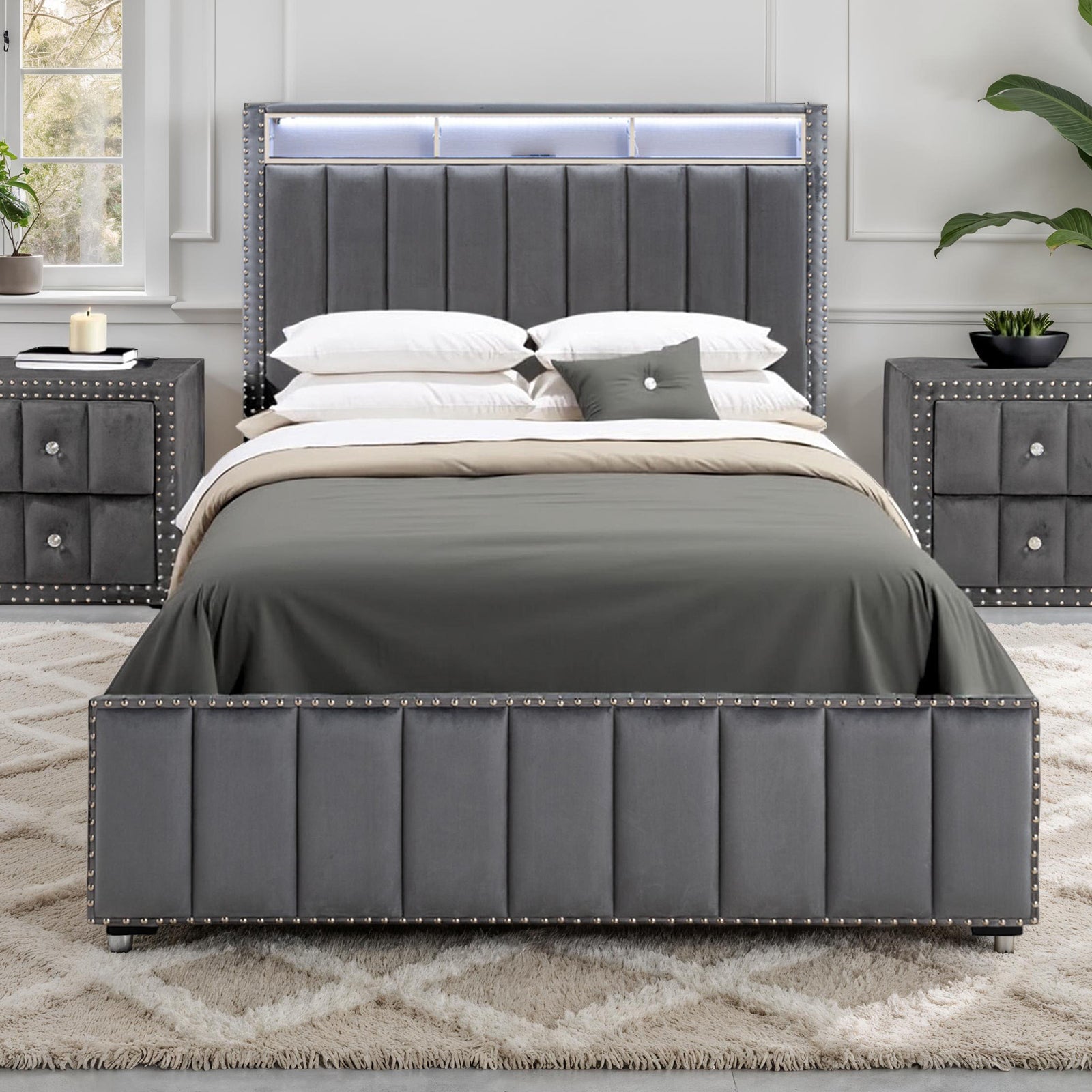Contemporary 3pc Bedroom Set Full Size Bed 2x Nightstands Bedroom Furniture Dark Gray Fabric Upholstered Bedframe w LED Nailhead Trim