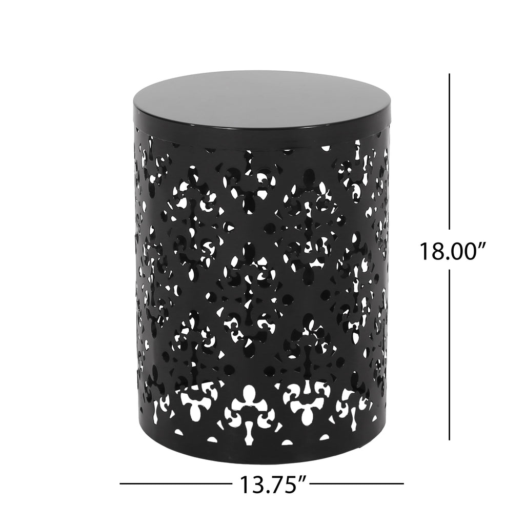 Modern Cylindrical Outdoor Metal End Table with Floral Iron Cut Design, Black, 13.78 x 13.78 x 17.91 inches
