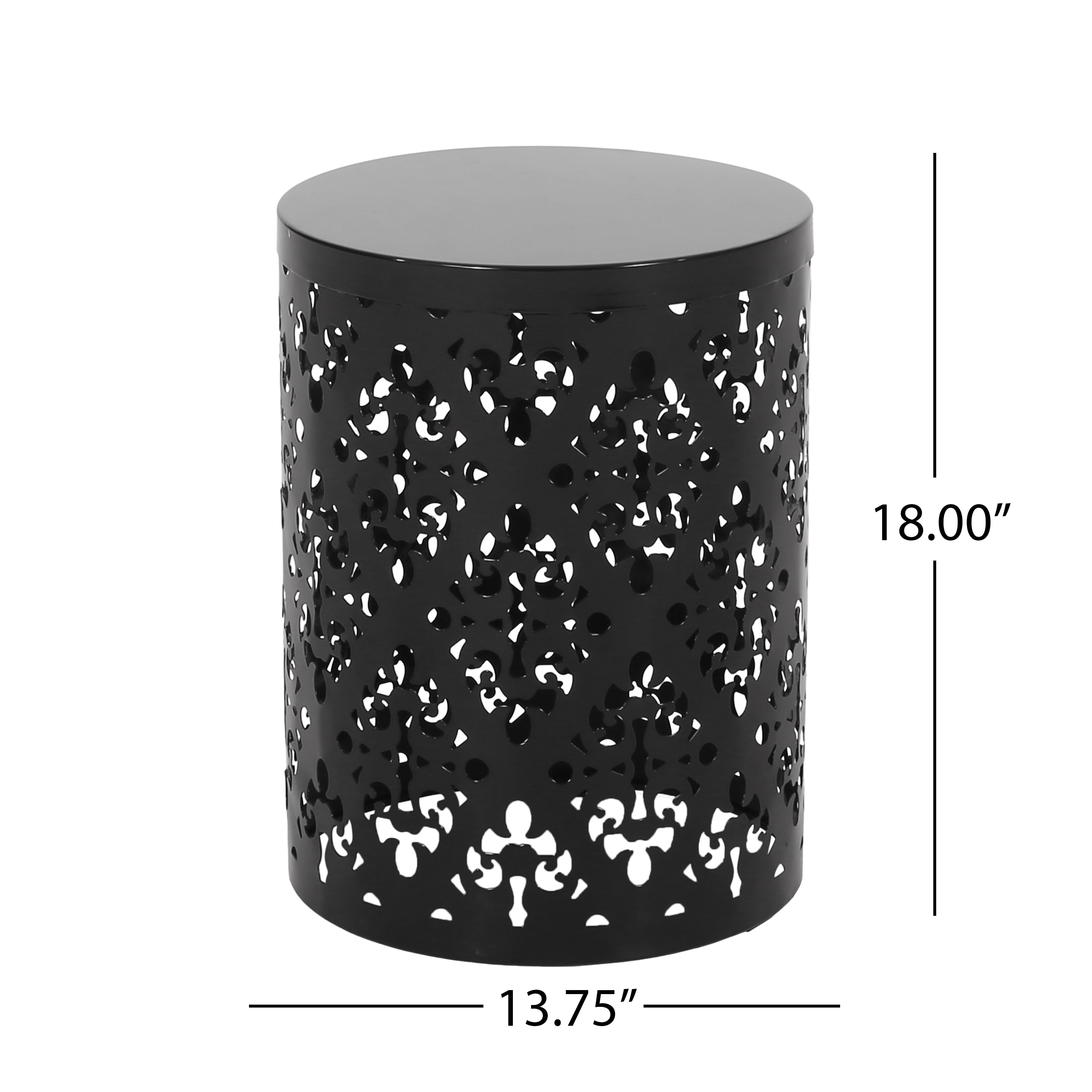Modern Cylindrical Outdoor Metal End Table with Floral Iron Cut Design, Black, 13.78 x 13.78 x 17.91 inches