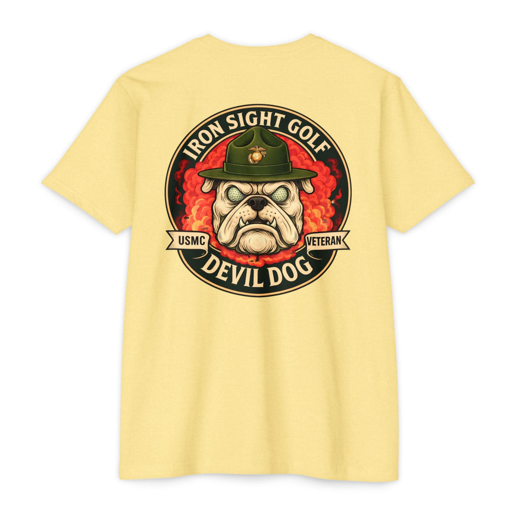 Marine Devil Dog Golf T‑Shirt — Bulldog with Drill Instructor Hat