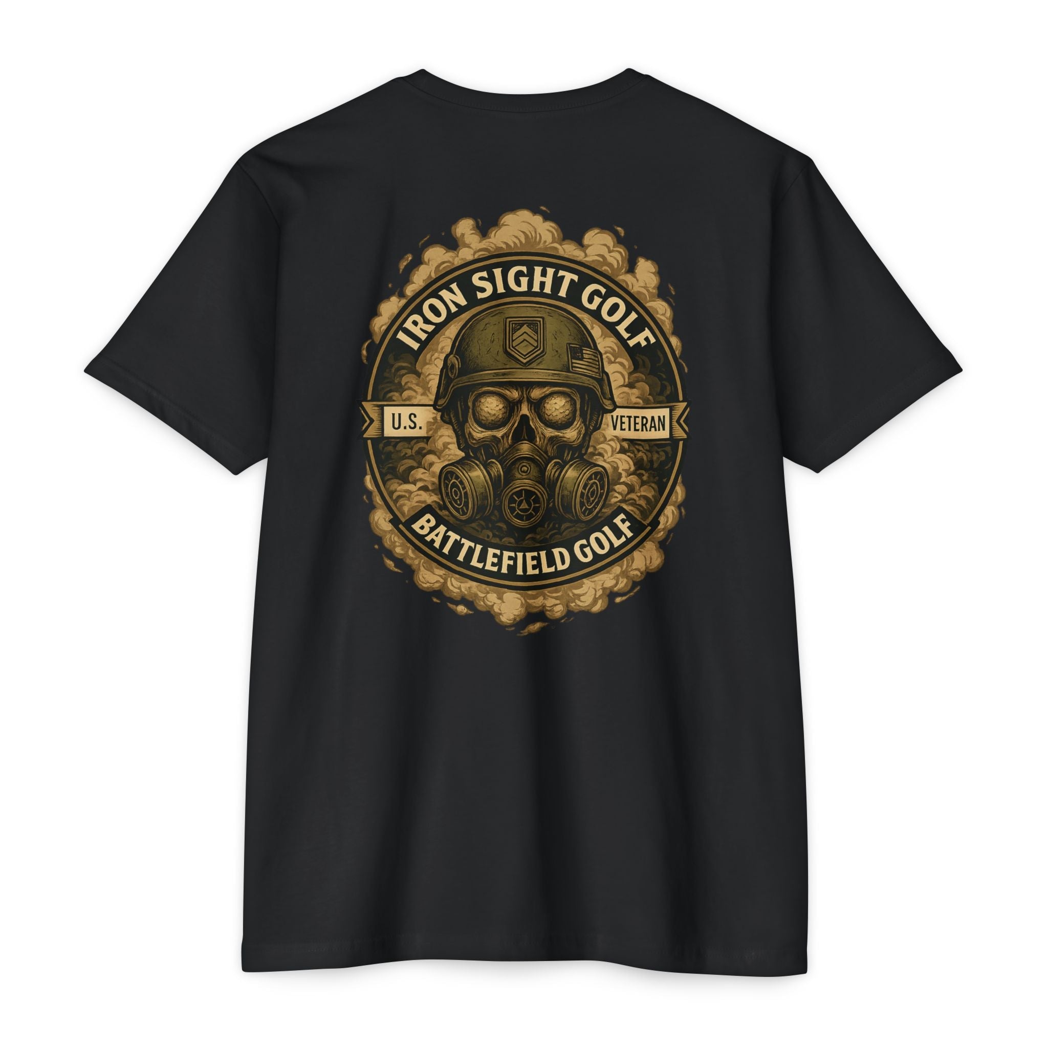 Battlefield Golf US Veteran T-Shirt — Skull with Helmet & Golf Ball Eyes