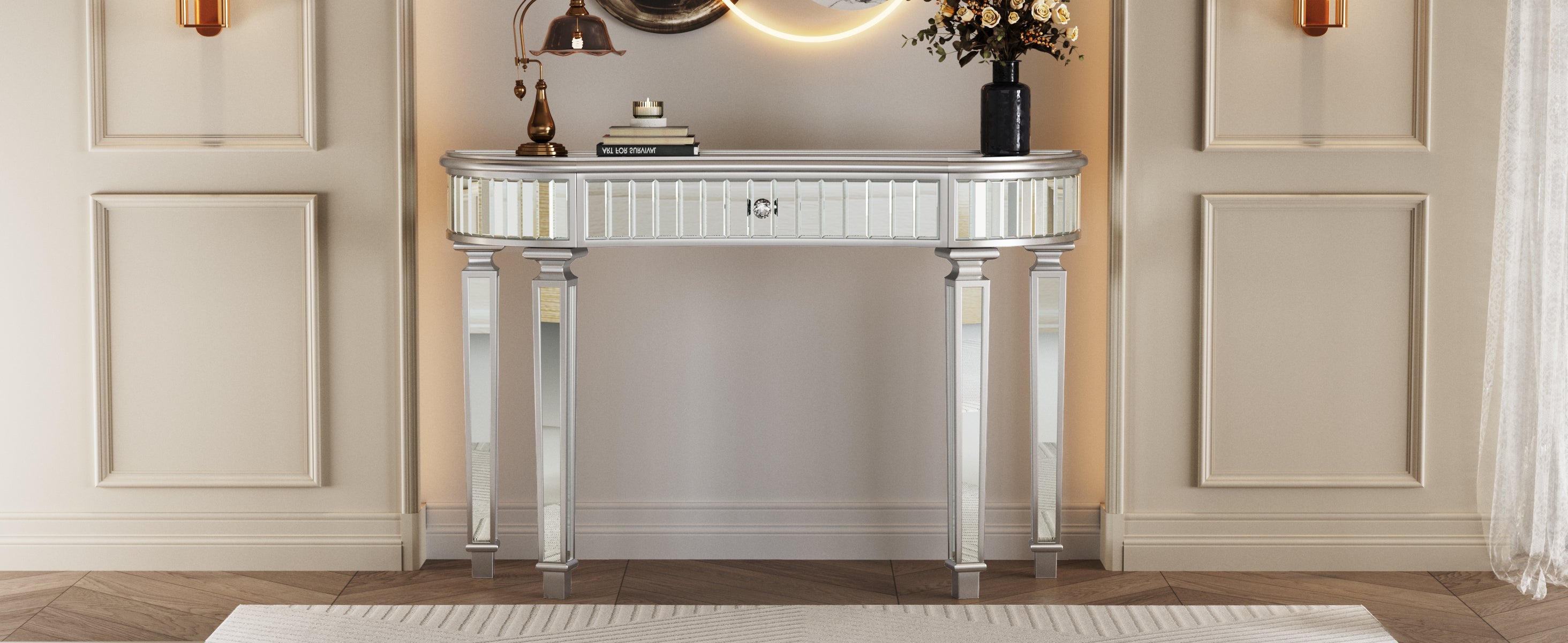 47' Half-Moon Mirrored Console Table with Fluted Glass & Crystal Knob Drawer - Silver Entryway Vanity Desk for Bedroom/Dressing Room(Grey+Sliver)