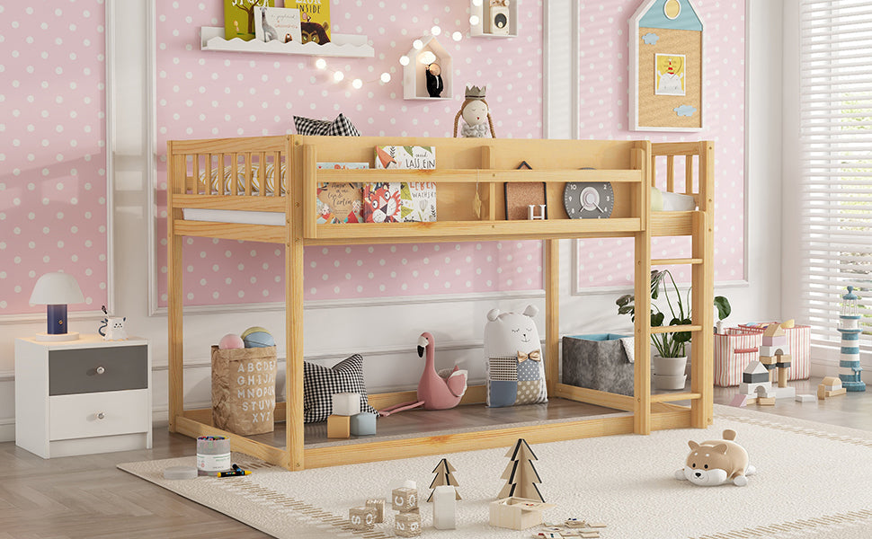 Low Twin Over Twin Bunk Bed, Floor Bunk Bed with Ladder, Solid Wood Twin Bunk Bed for Kids & Juniors, Natural(Expect Arrival Date 2025/11/25)